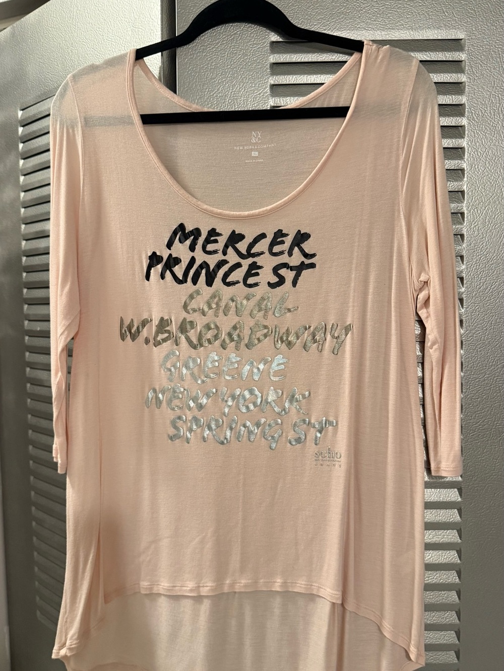New York & Company Pale Pink Metallic Script Scoop-Neck Long Sleeve Tee